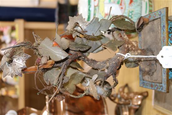 A pair of Chinese jade and hardstone bonsai trees in cloisonne jardinieres H 33cm approx